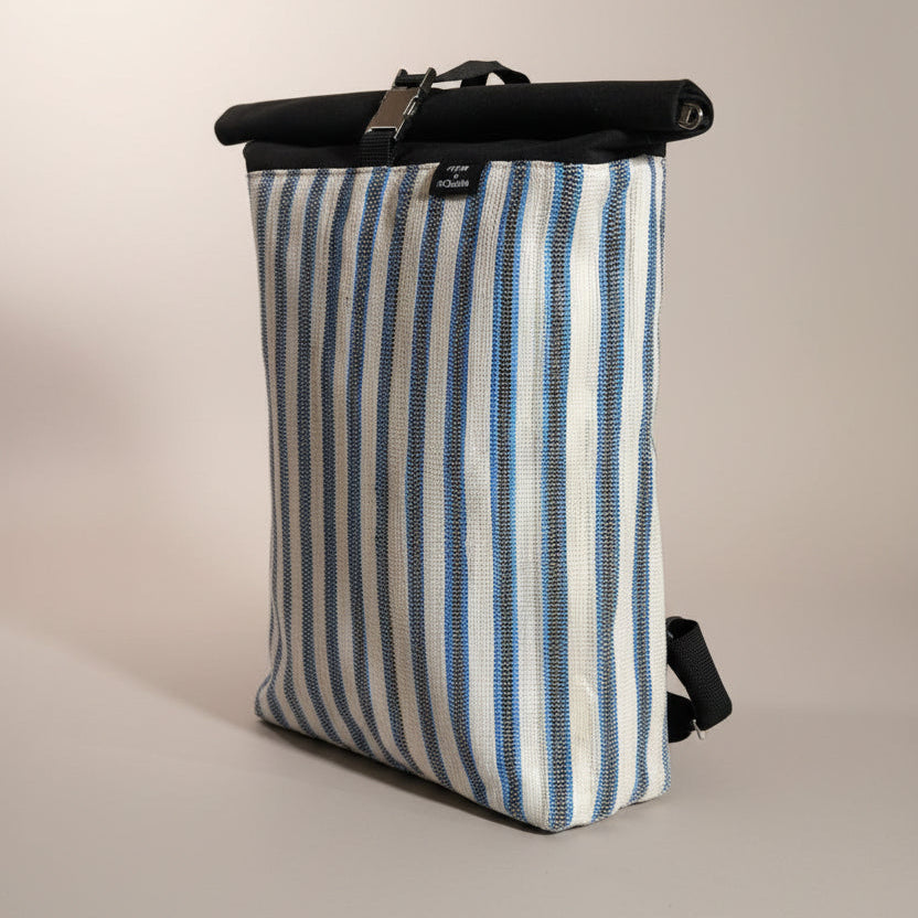Spartan Backpack in White, Blue, & Black Stripes - Side view