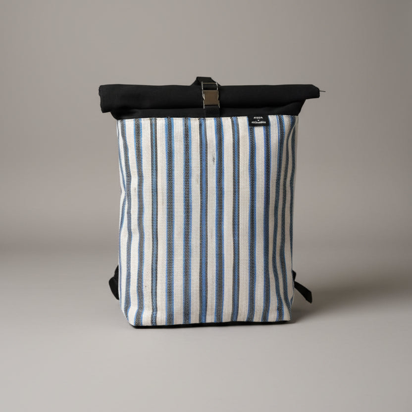 Spartan Backpack in White, Blue, & Black Stripes - Front view