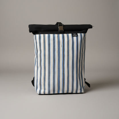 Spartan Backpack in White, Blue, & Black Stripes - Front view