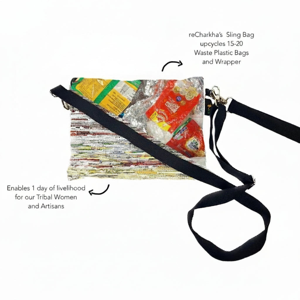 Social impact details for the handwoven Sling-It bags made from upcycled plastic waste.