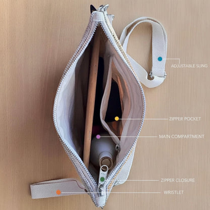 Inside view of a Sling-It Bag highlighting the bag features and compartments.