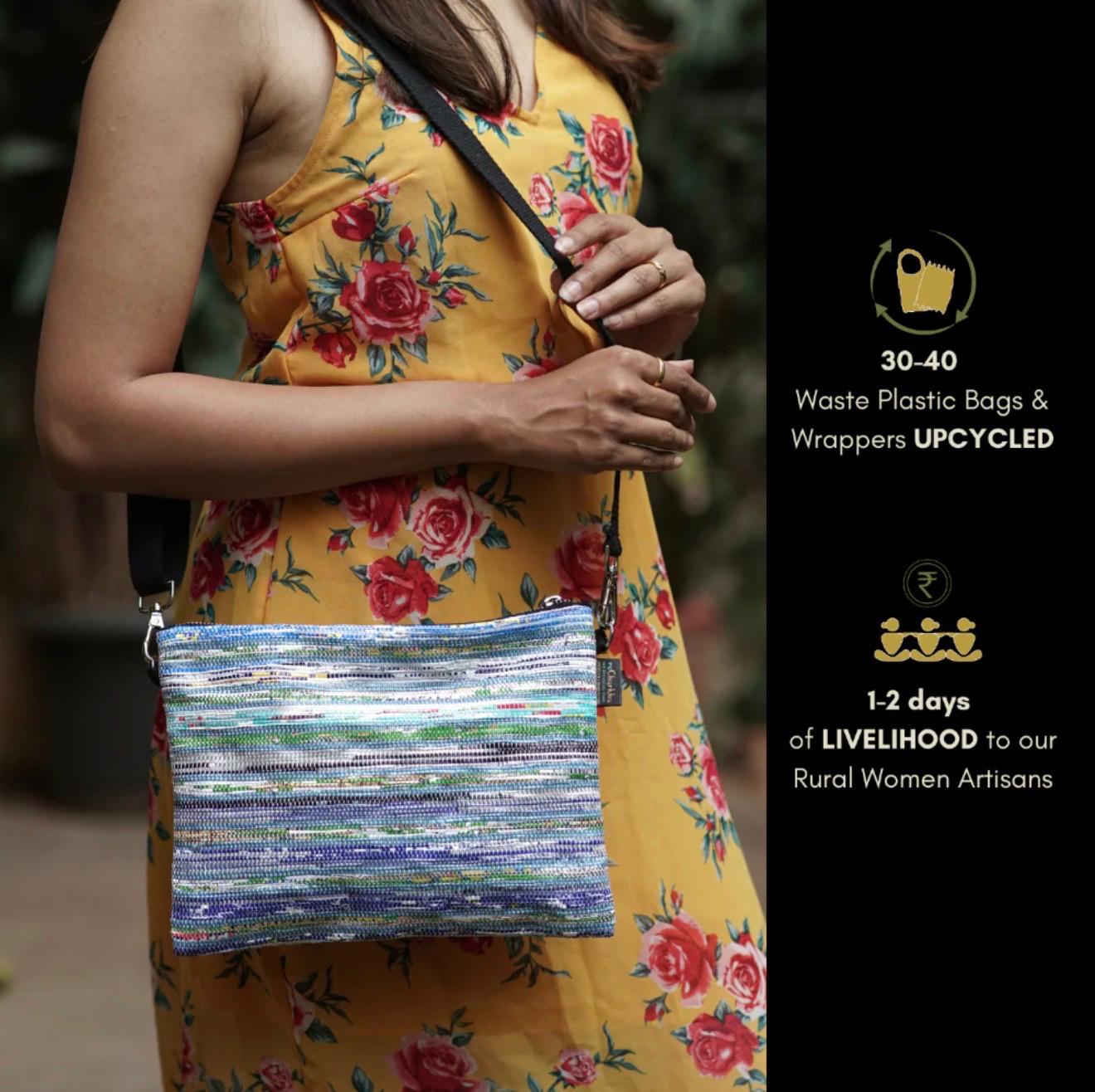 Woman carrying a Sling-It bag with metrics on social impact on upcycled plastic waste and livelihoods.