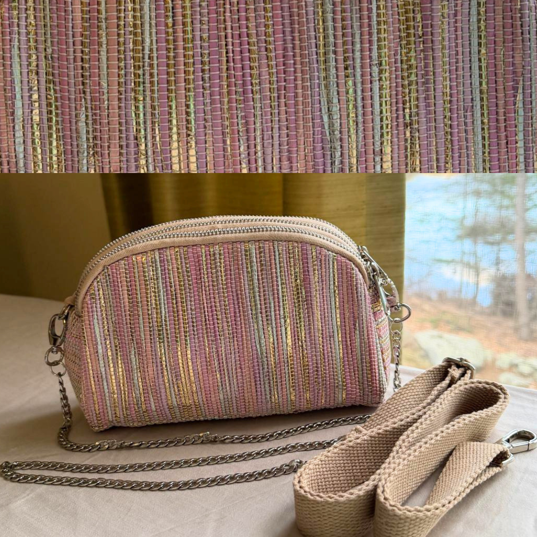 Taco Sling bag in pink & gold weave with a chain, plus beige strap. 