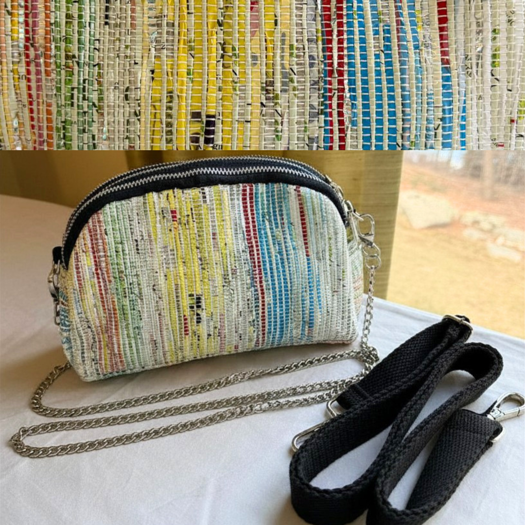 Taco Sling bag in rainbow-colored  weave with a chain, plus black strap.