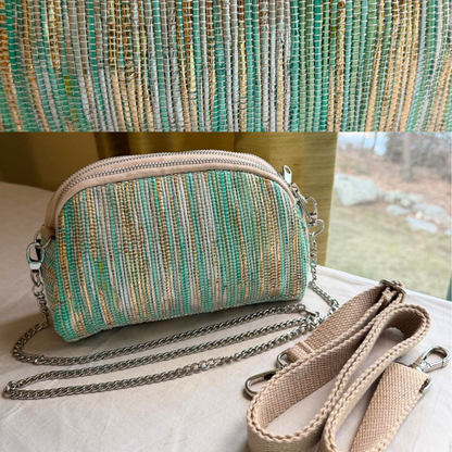 Taco Sling bag in teal & gold weave with a chain, plus beige strap.