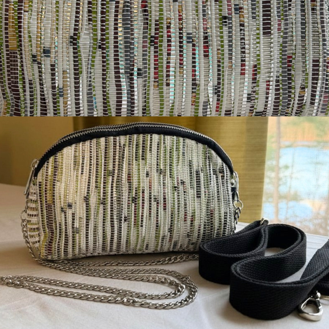 Taco Sling bag in green & white weave with a chain, plus black strap.