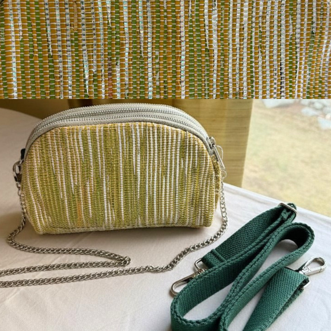 Taco Sling bag in yellow weave with a chain, plus green strap.