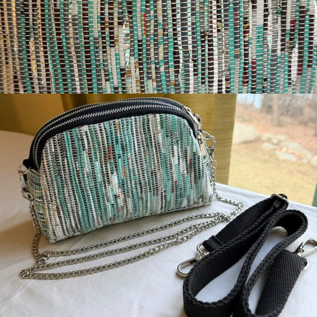 Taco Sling bag in teal & white weave with a chain, plus black strap.
