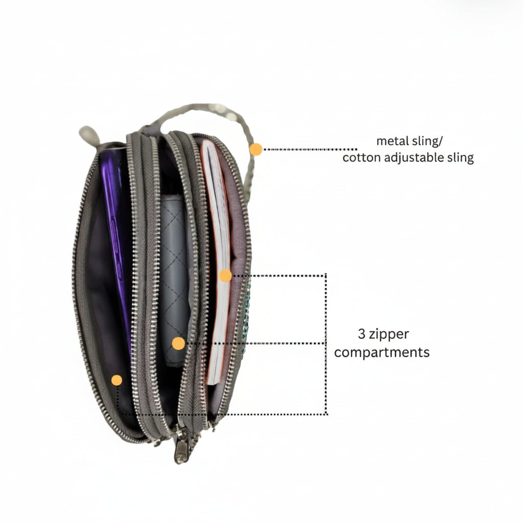 Top view of the Taco sling bag highlighting the metal sling and cotton adjustable strap, and three zipper compartments.