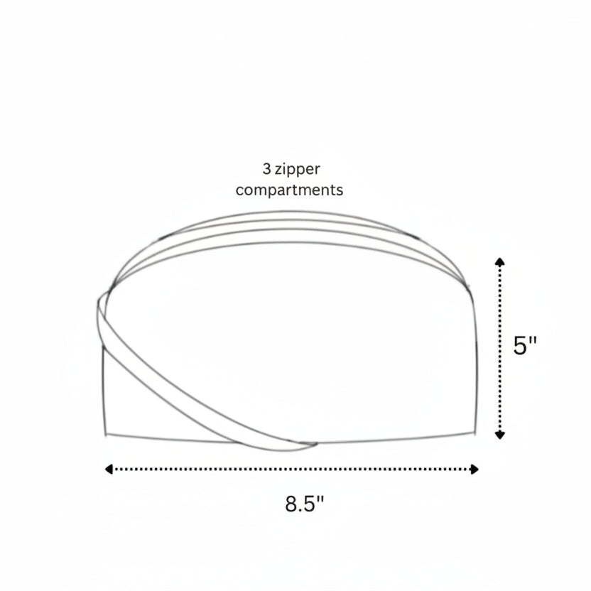 Diagram of a Taco sling bag with it's 3 zipper compartments and size dimensions.