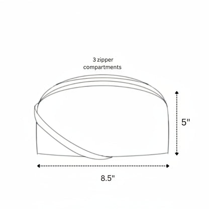 Diagram of a Taco sling bag with it's 3 zipper compartments and size dimensions.