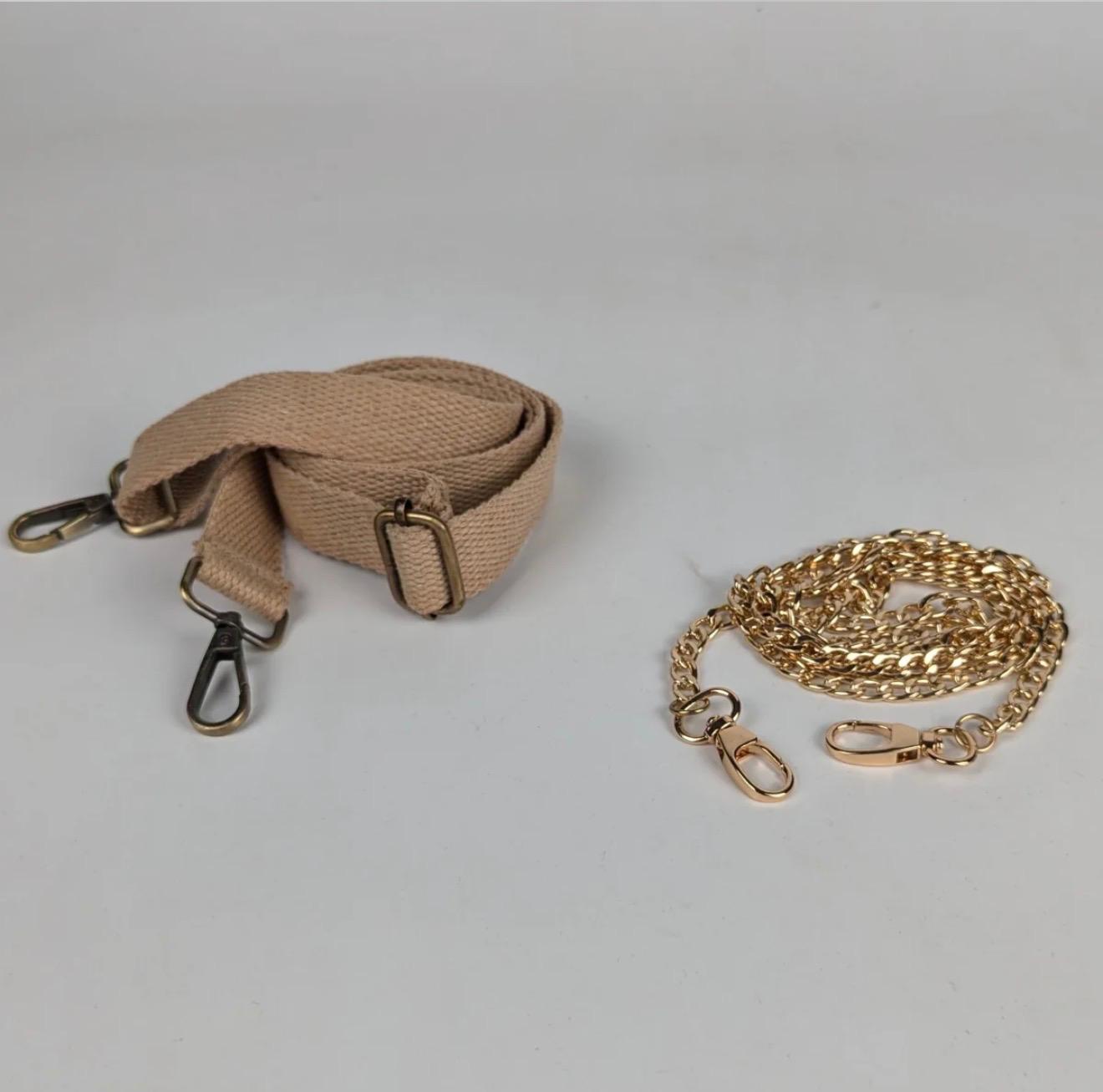 Taco Sling bag straps in Beige and gold chain.