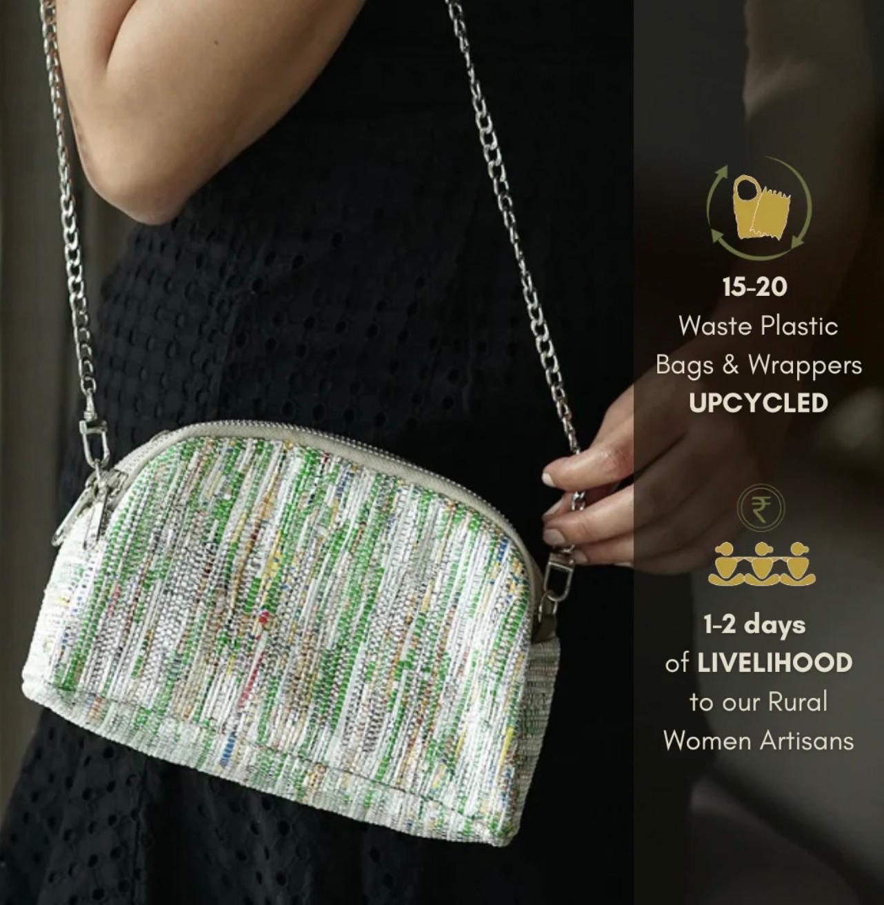Model carrying a green and white upcycled Taco Sling bag, with social impact metrics on waste reduction and livelihoods.