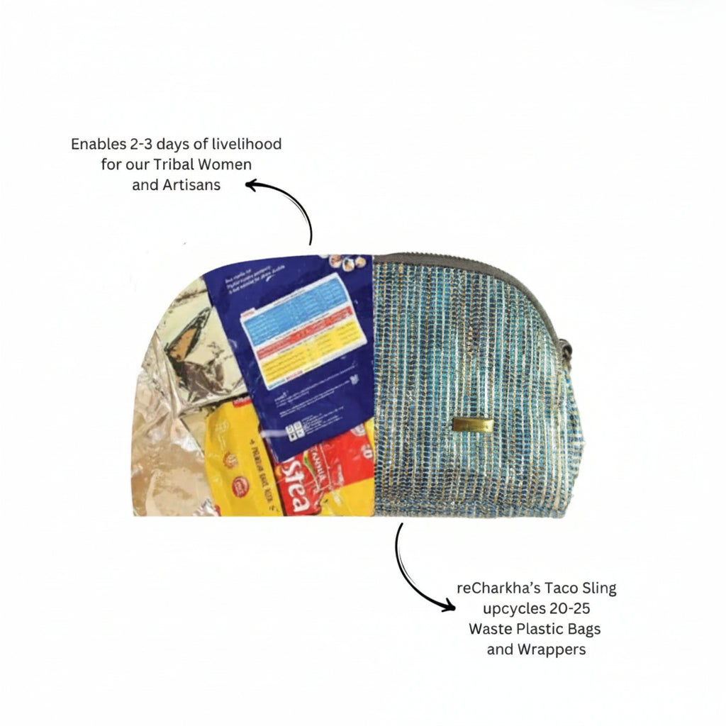 Taco Sling bag with social impact metrics on livelihood and upcycling.