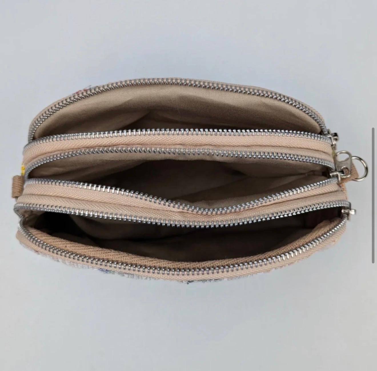 Taco Sling bag with multiple zippers and top view.