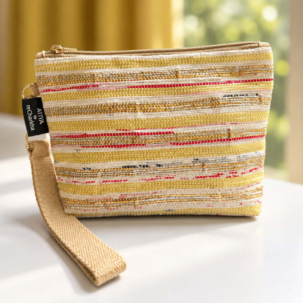 Upcycled handwoven Wrist-it bag in yellow, white & gold stripes, with a beige trim.